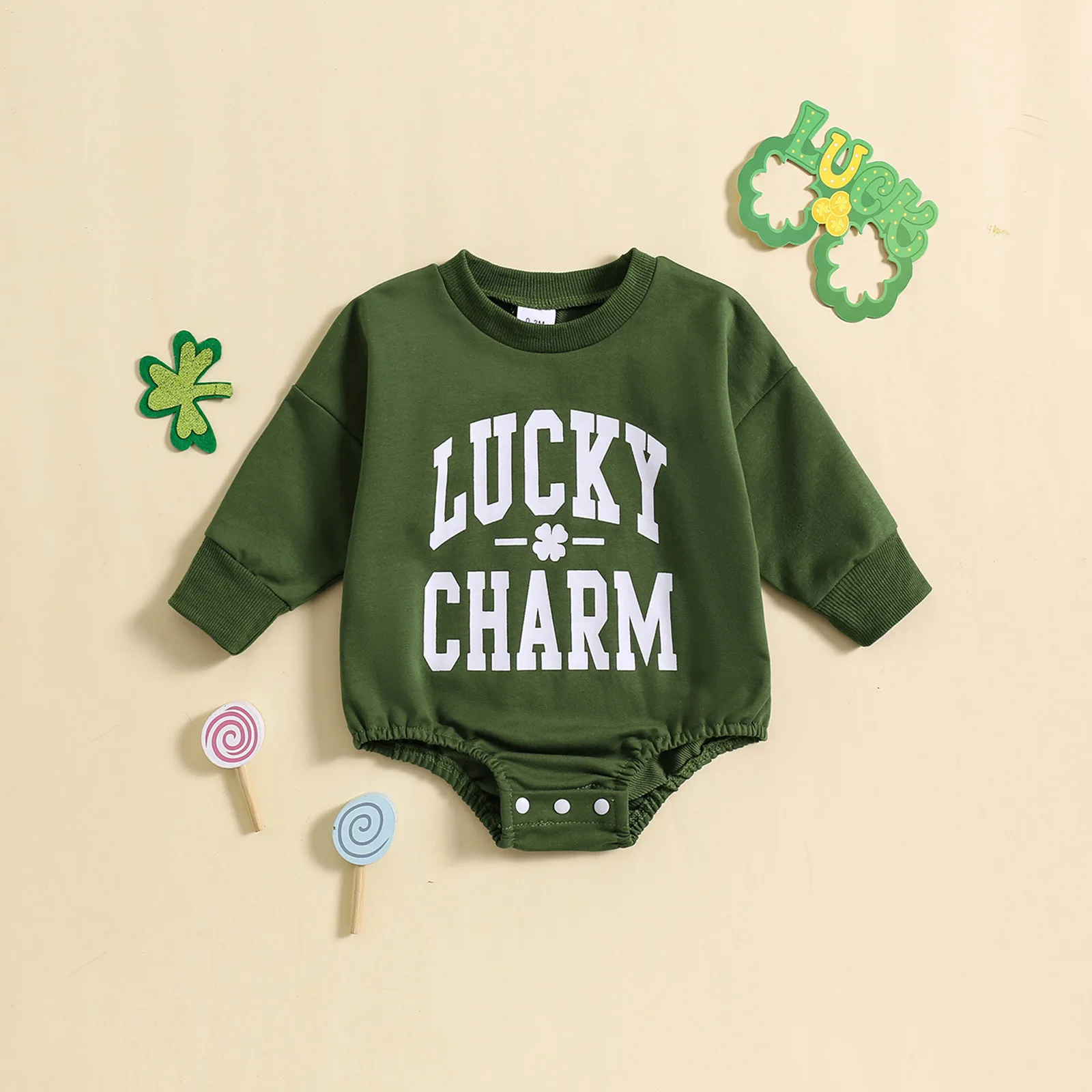 

3M 6M 12M 18M Toddler Baby Boys Girls Romper Spring Casual Long Sleeve O-Neck Letter Clover Print Jumpsuit Newborn Baby Clothes