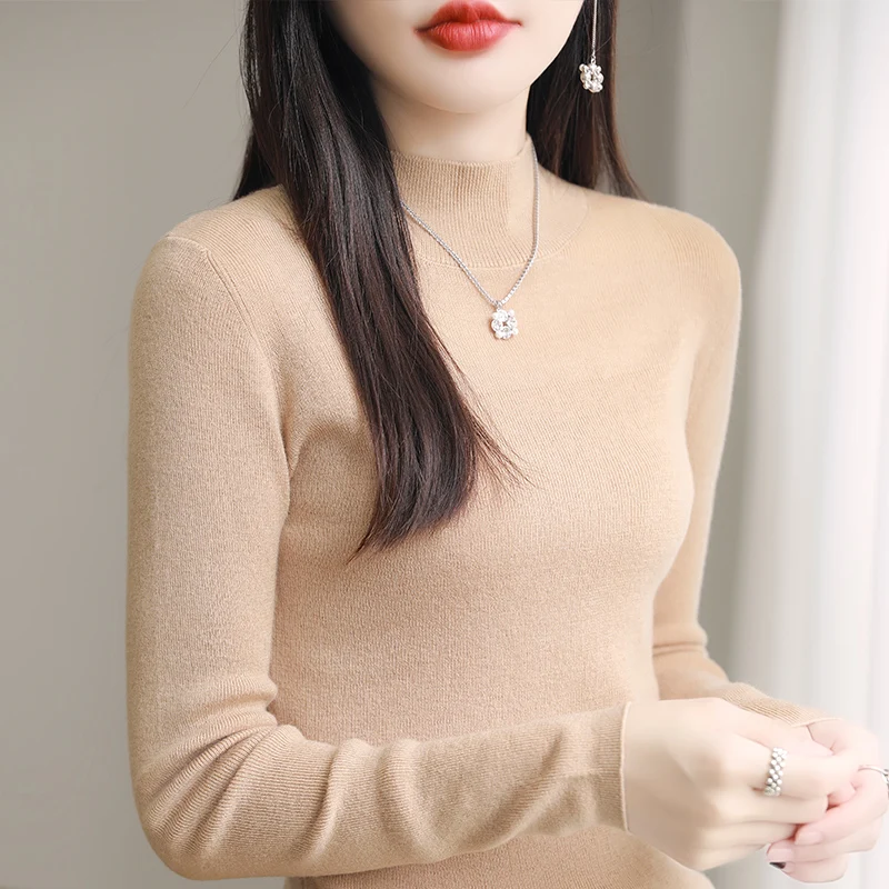 

SZDYQH Women Pullovers 100% Worsted Wool Sweaters Spring Half Turtleneck Knit Jumper Female Thin Soft Basic Shirt Autumn Tops