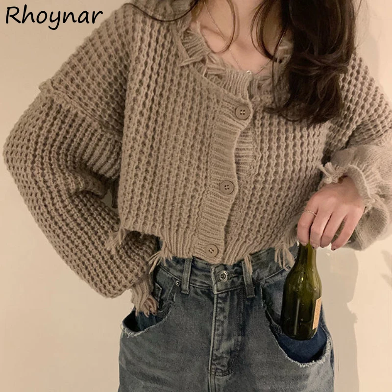 

Korean Style Retro Crop Ripped Sweater Cardigans Women Autumn Winter New Fashion Baggy Design Cute Feminine All-match Streetwear