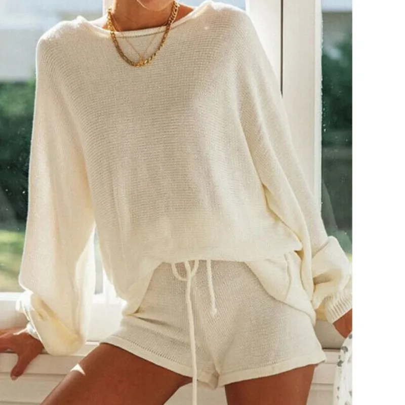 Summer Autumn Knitting 2 Pieces Female Crew Neck Long Sleeve Loose Tops and Drawstring Shorts Set Casual Loungewear
Summer Autumn Knitting 2 Pieces Female Crew Neck Long Sleeve Loose Tops and Drawstring Shorts Set Casual Loungewear