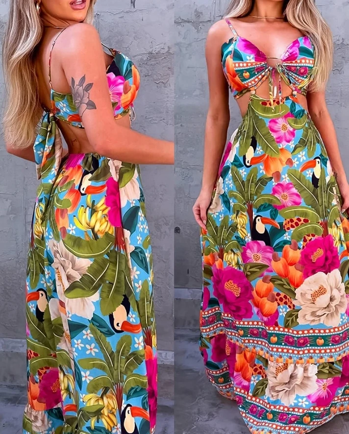 

Women Dress Sexy Summer Vacation Tropical Print Asymmetrical Neck Spaghetti Strap Backless Tied Detail Hollow Out A Line Dress