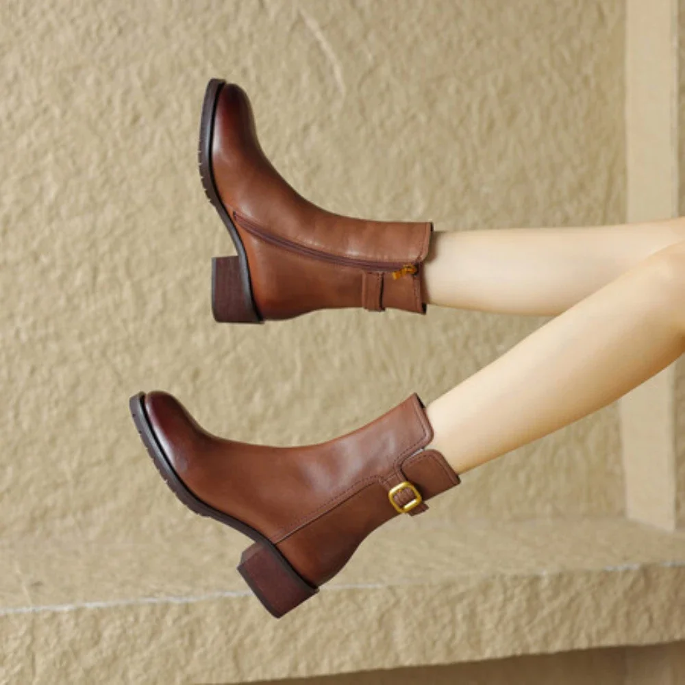 

Короткие ботинки, новинка осень-зима 2023, узкие ботинки с круглым носком и боковой молнией, простые женские ботинки на среднем квадратном каблуке в стиле ретро