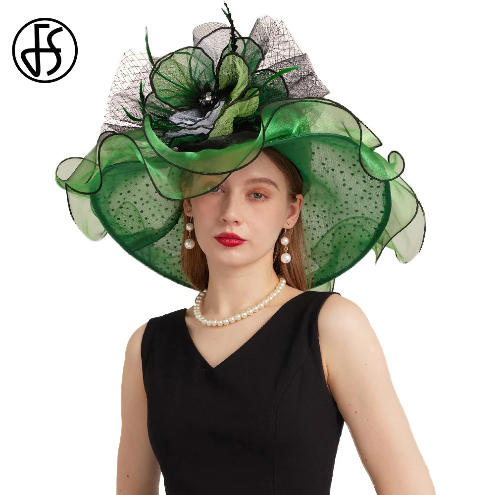 

FS Green Organza ST Patricks Cap Lady Wide Brim Kentucky Derby Hats For Women Mesh Bead Feather Flower Wedding Bride Fedora 2024