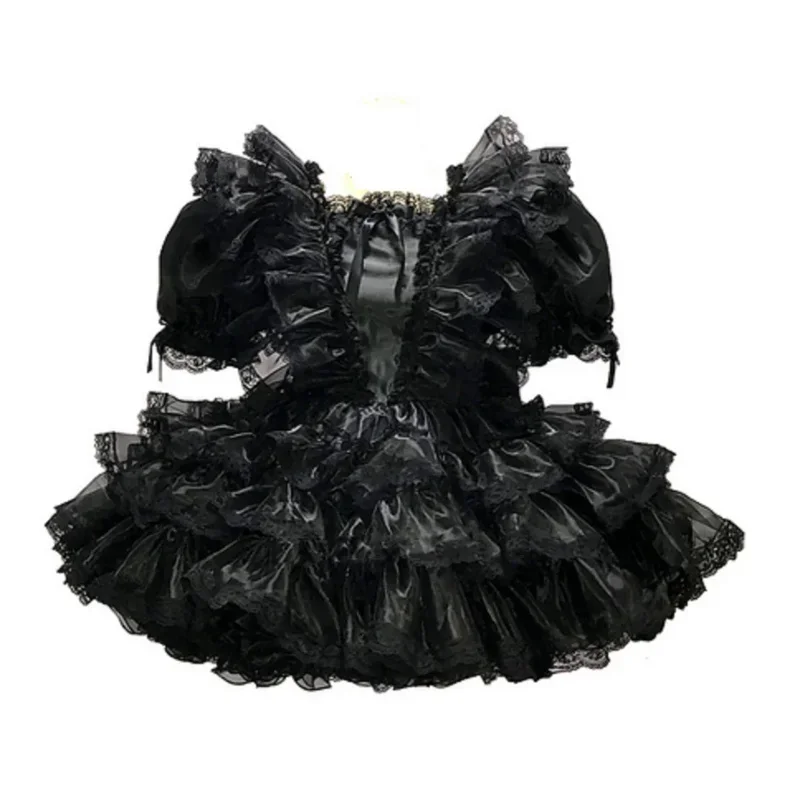 

Sexy Sissy Girl Maid Black Satin Lace Patch Square Neck Loose Bubble Sleeve Princess Dress Multi layered Cake Tower Skirt Custom