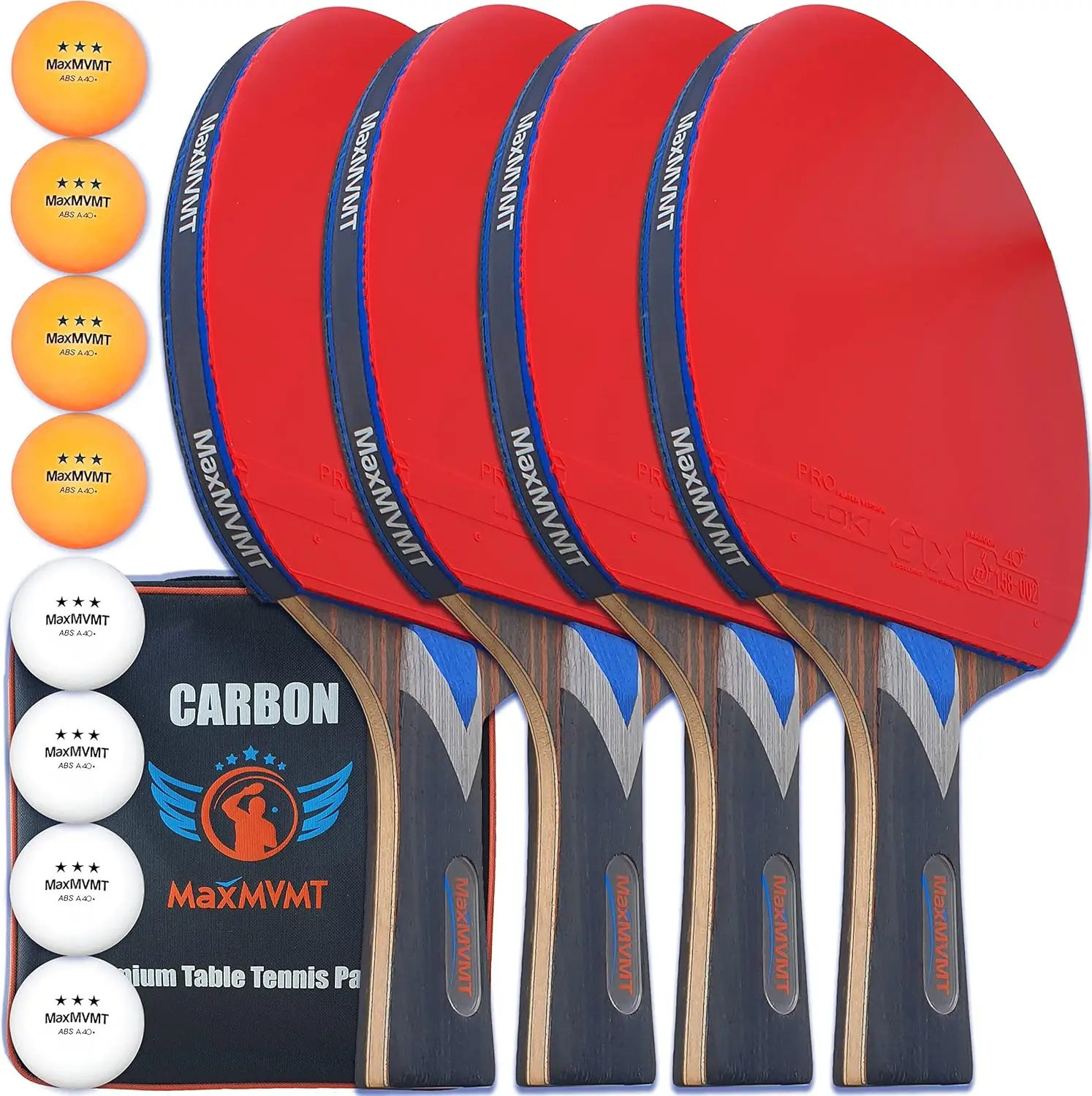 

Ping Pong Paddle Set of 4 - Carbon Fiber 7 Ply Rackets - 2 Wristbands - 8 Balls - 1 Rubber Cleaner Sponge - Premium ITTF Approve
