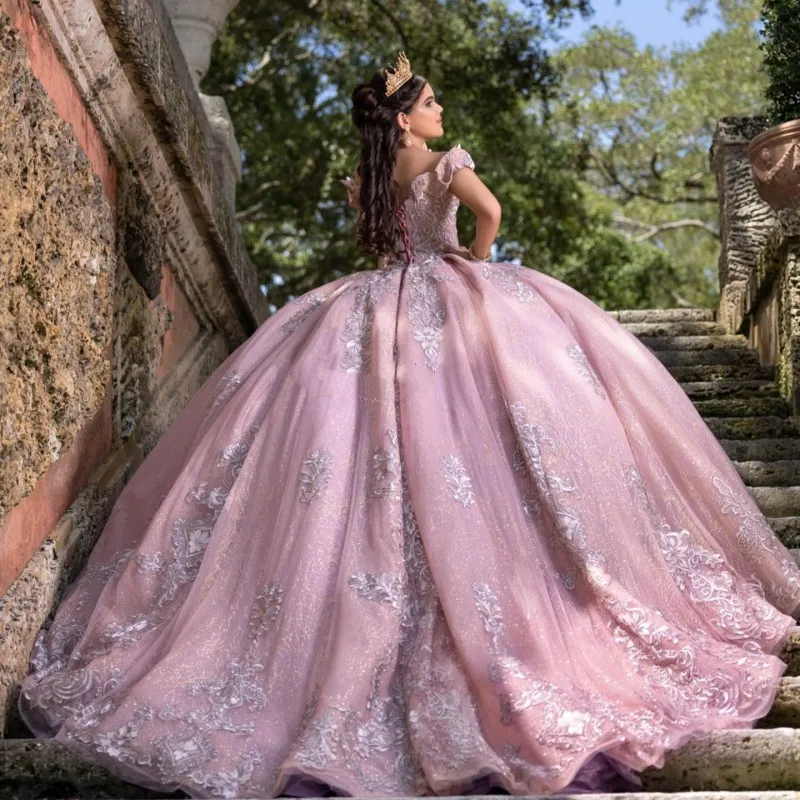 

Pink Sequins Quinceanera Dress 2024 Off Shoulder Princess Prom Ball Gown Sweet 16 XV Miss Birthday Pageant Mexican Dresses
