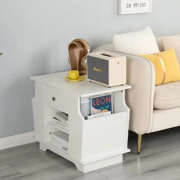 Table with 2 Side Pocket, Side Table with Drawers and Storage Shelf for Living Room Bedroom, White Mesas Table top Tea table End
Table with 2 Side Pocket, Side Table with Drawers and Storage Shelf for Living Room Bedroom, White Mesas Table top Tea table End