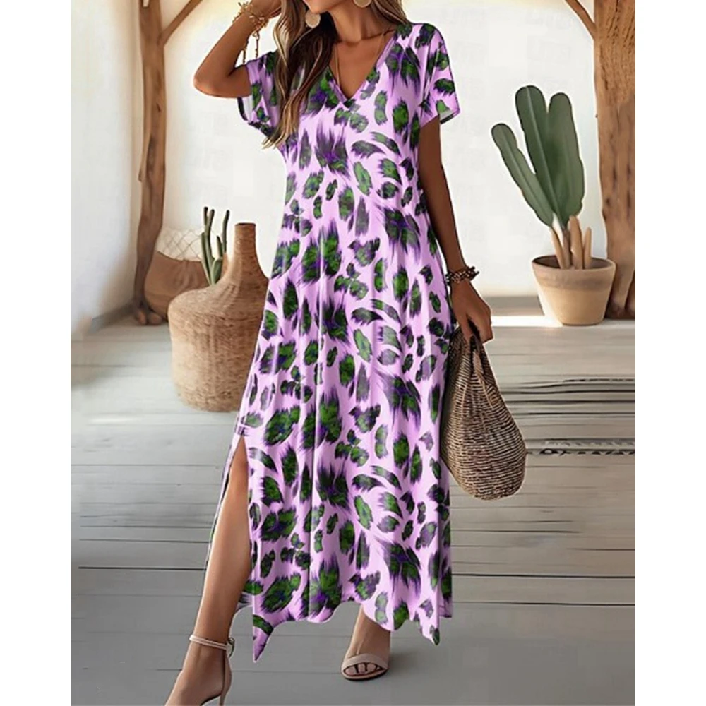 

All Over Leopard Print Short Sleeve Hem Side Slit Women Dress Summer V-Neck Midi Dress Vacation Elegant Outfits Casual Clothes