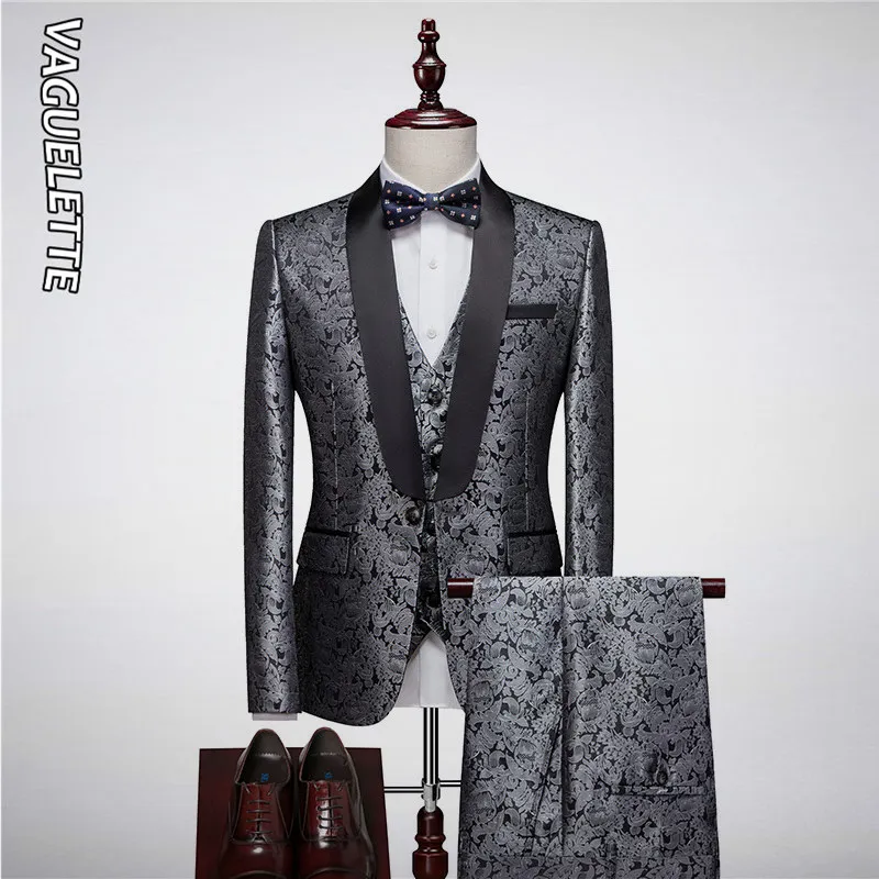 

VAGUELETTE 3 Piece Suit Men Embroidery Paisley Baroque Shawl Collar Tuxedo With Vest Pants Wedding Suits L-6XL