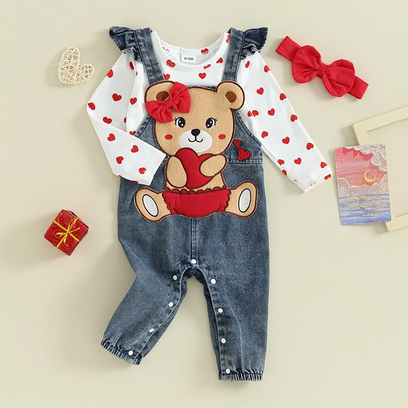 

Cute Baby Girl Valentine's Day Clothes Heart Print Long Sleeve Romper with Bear Embroidery Denim Overalls Pants Headband