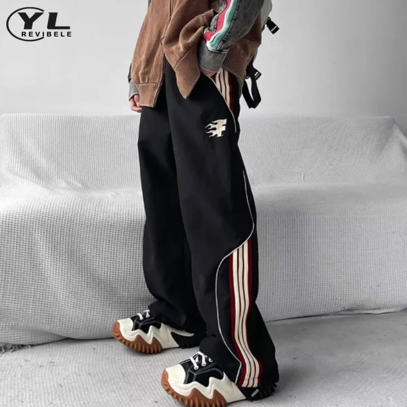 

Korea Loose Sweatpant Men Women American Street Stripe Casual Straight Pants Spring Summer Unisex Jogging Wide Leg Trousers New