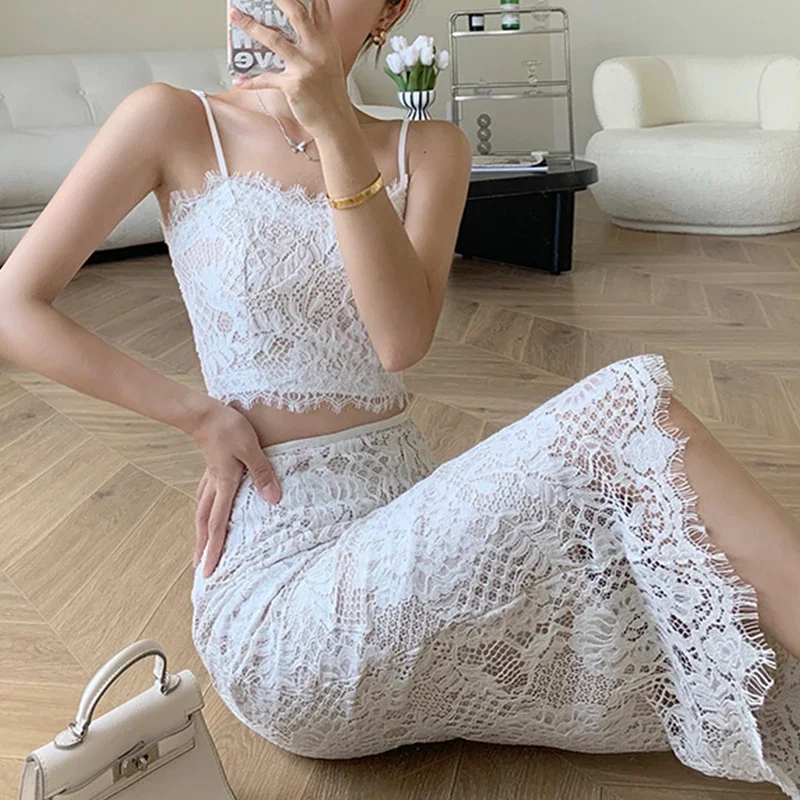 

Vintage Chic Cropped Tops + High Waisted Skirts Women Two Piece Sets White Lace Hook Flower Hollow Elegant Party Skirt Set Party
