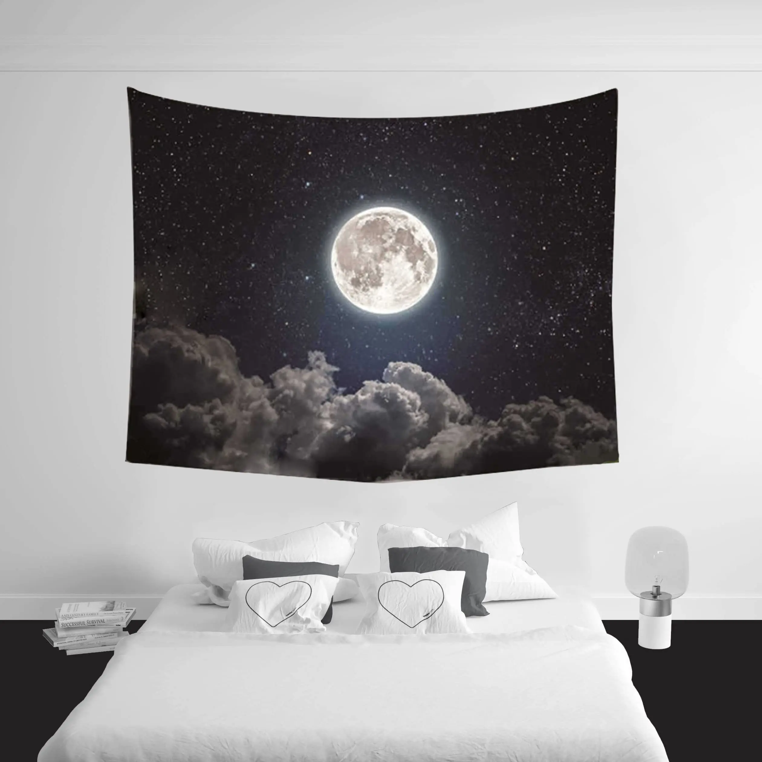 

Moon Stars Wall Tapestry Galaxy Universe Starry Night Sky and White Cloud Dark Blue Psychedelic Art Decor