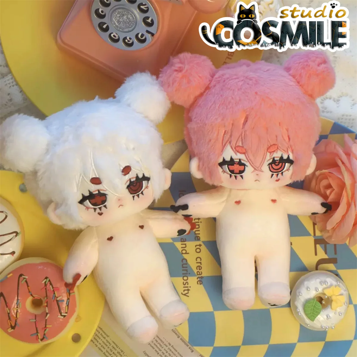 

No attributes Demon Angel Gemini Twin Pink White Bun Hair Subculture Stuffed Plushie 20cm Plush Doll Toy Body WW