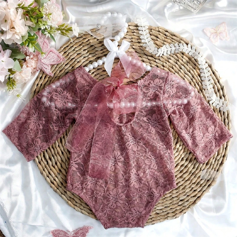 

2pcs Newborns Lace Romper with Matching Headband for Baby Photography Lovely Photoshoots Clothing Set with Headwear