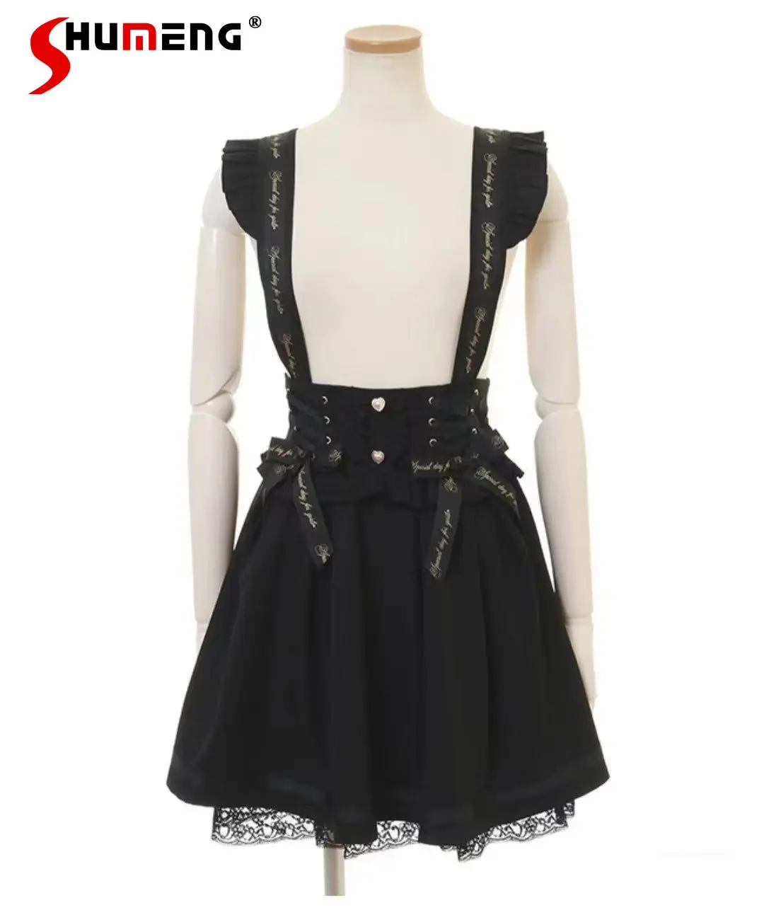 

Japanese Style Letters Suspender Skirt for Girl Women Sweet Lolita Bow Black A-line Short Skirts Cosplay Female Faldas Mujer
