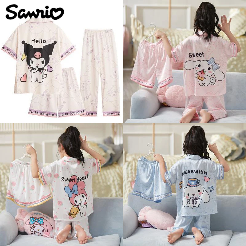 

Sanrios Kuromi Cinnamoroll My Melody Ice Silk Short-Sleeved Three-Piece Suit Children's Pajamas Girls Parent-Child Home Clothes