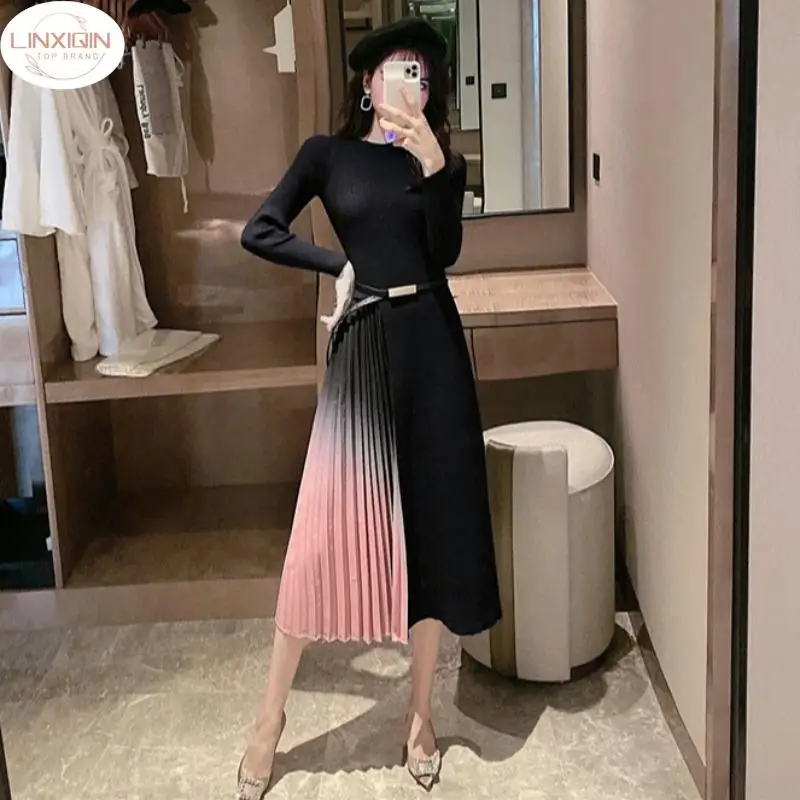 New 2024 Elegant Knitted Patchwork Gradient Pink Pleated Dress Women Long Sleeve Sweater Office One-Piece Midi Dress With Belt
New 2024 Elegant Knitted Patchwork Gradient Pink Pleated Dress Women Long Sleeve Sweater Office One-Piece Midi Dress With Belt