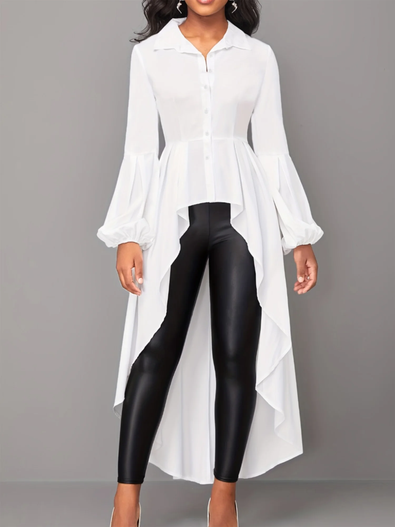 

LW Bishop Sleeve Flounce Design Asymmetrical Shirt Lantern Sleeve Solid Color Elegant Turn-down Collar Button Top For Women