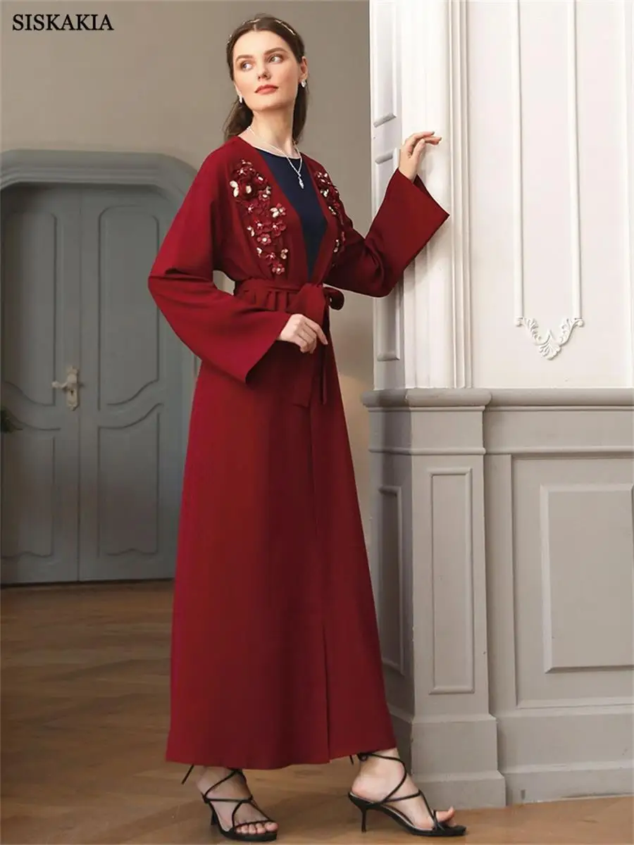 

Siskakia Chic Elegant Red Appliques Belted Open Kimono Abayas Jalabiyat Dubai Fashion Moroccan Women Kaftan Islamic Dress