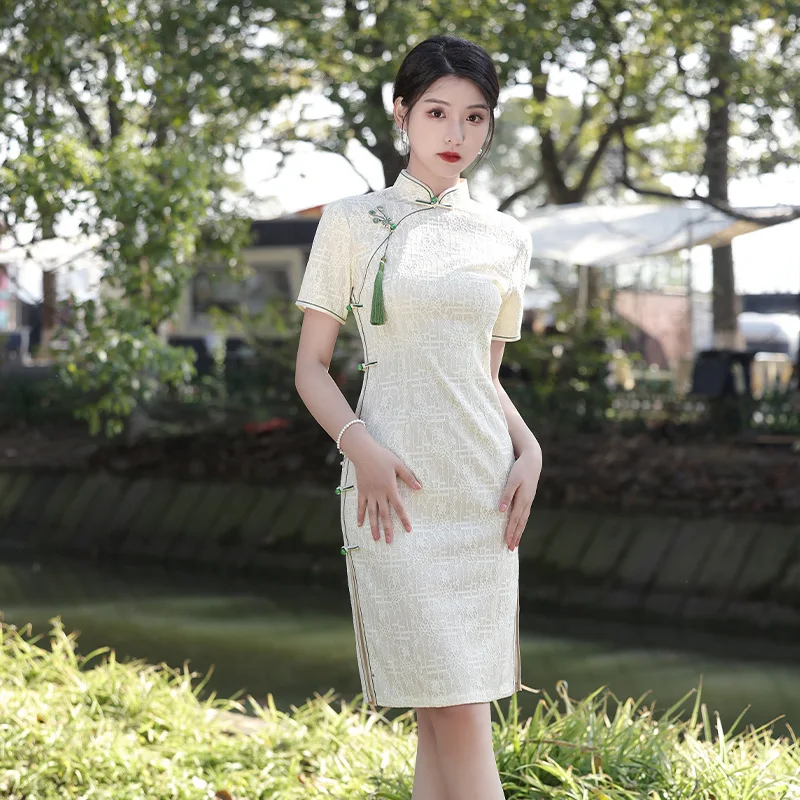 

Женское шифоновое платье-Ципао с коротким рукавом, элегантное приталенное винтажное кружевное платье в китайском стиле с воротником-стойкой