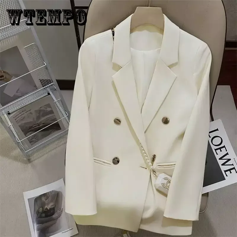 

WTEMPO Notch Lapel Spring Fall Casual Double Breasted Blazer for Women Long Sleeve Open Front Blazers Work Office Jacket Blazers