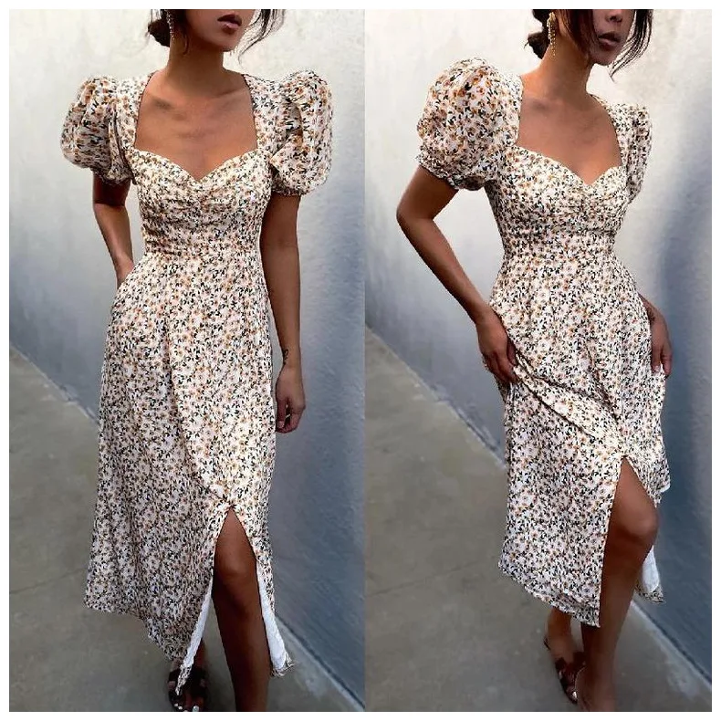 Puff Short Sleeve Women Summer Midi Dress Vintage V Neck White Floral Print French Style Sundress Sexy Slit Party Dresses 2022
Puff Short Sleeve Women Summer Midi Dress Vintage V Neck White Floral Print French Style Sundress Sexy Slit Party Dresses 2022