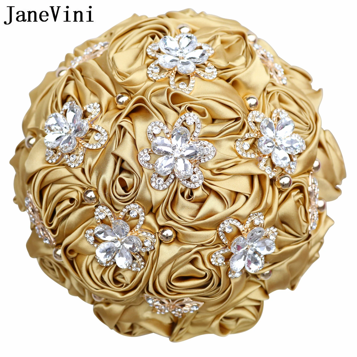 

JaneVini Luxurious Gold Wedding Bouquets Sparkly Crystal Rhinestones Dark Green Roses Bridal Artificial Holding Flowers ślub