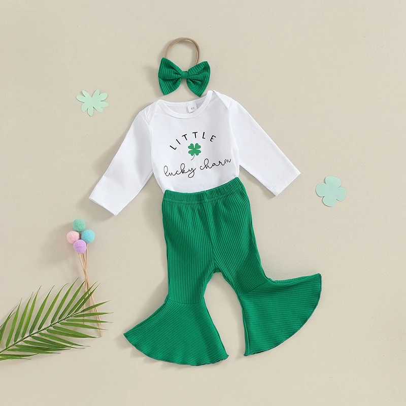 

My First St Patrick s Day Baby Girl Outfit Newborn Long Sleeve T Shirt Romper Shamrock Flare Pants Sets
