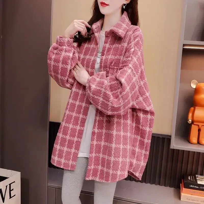 

DAYIFUN Lapel Plaid Shirts Lady College Style Long Sleeve Checkered Blouses Casual Comfortable Fit Female Tops Women Clothes