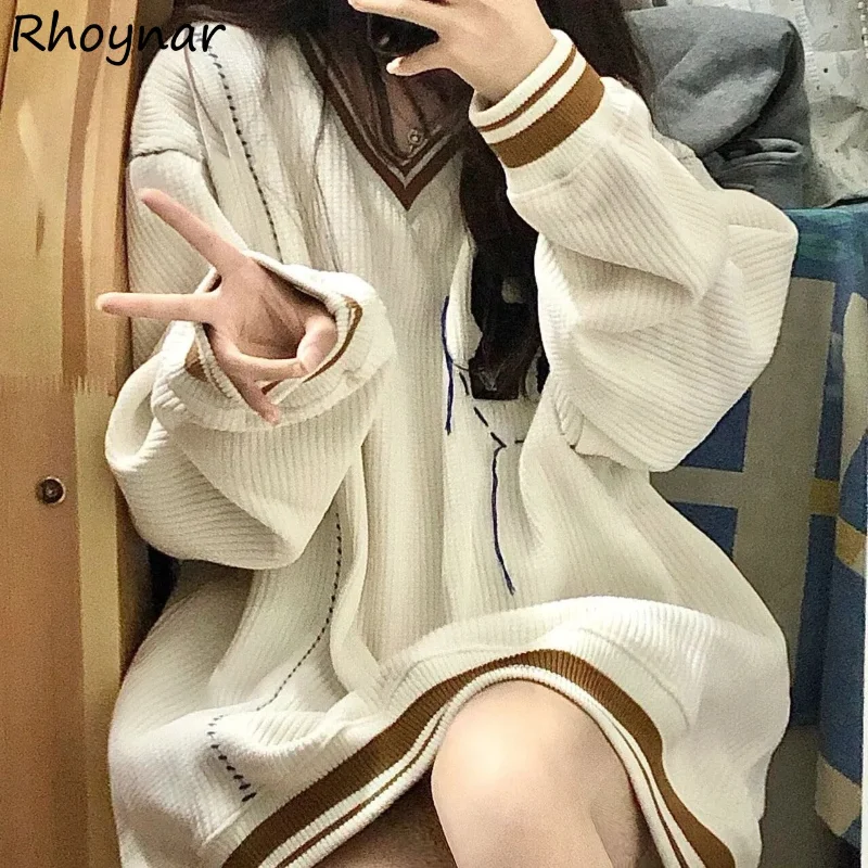 

Baggy Sweaters Pullovers Women Spliced Long Sleeve Clothes V-neck Knitwear Streetwear Personal Teens American Preppy Letter Chic