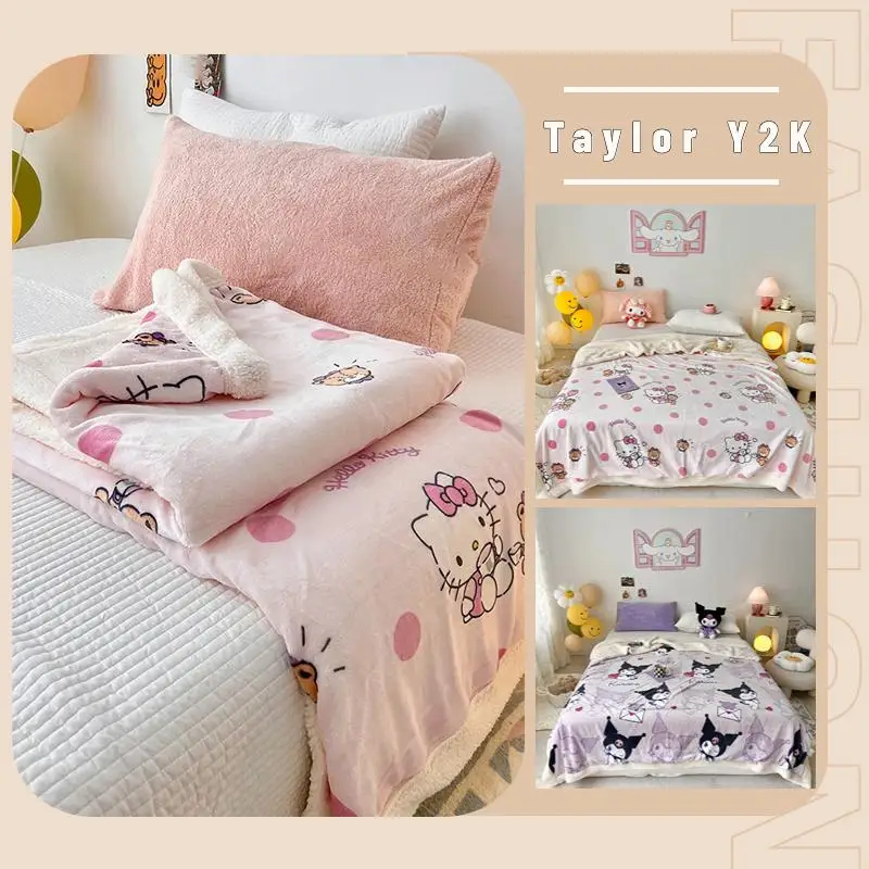 

New Sanrio Hello Kitty Blanket Anime Kuromi Cinnamoroll My Melody Lamb Plush Blanket Cartoon Double Layer Warm Nap Carpet Quilt