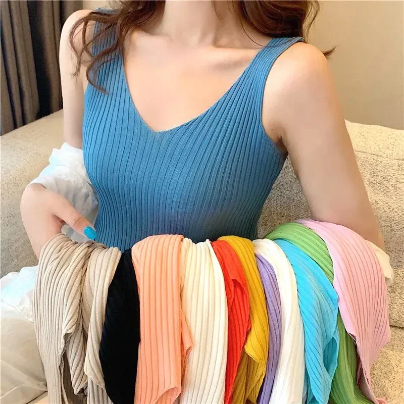 

Vest Camisole Top Intimates Knit Ice V-neck & Silk Tanks Thin Summer Sweater Sleeveless Sexy Women Slim Knitted Camisoles Spring