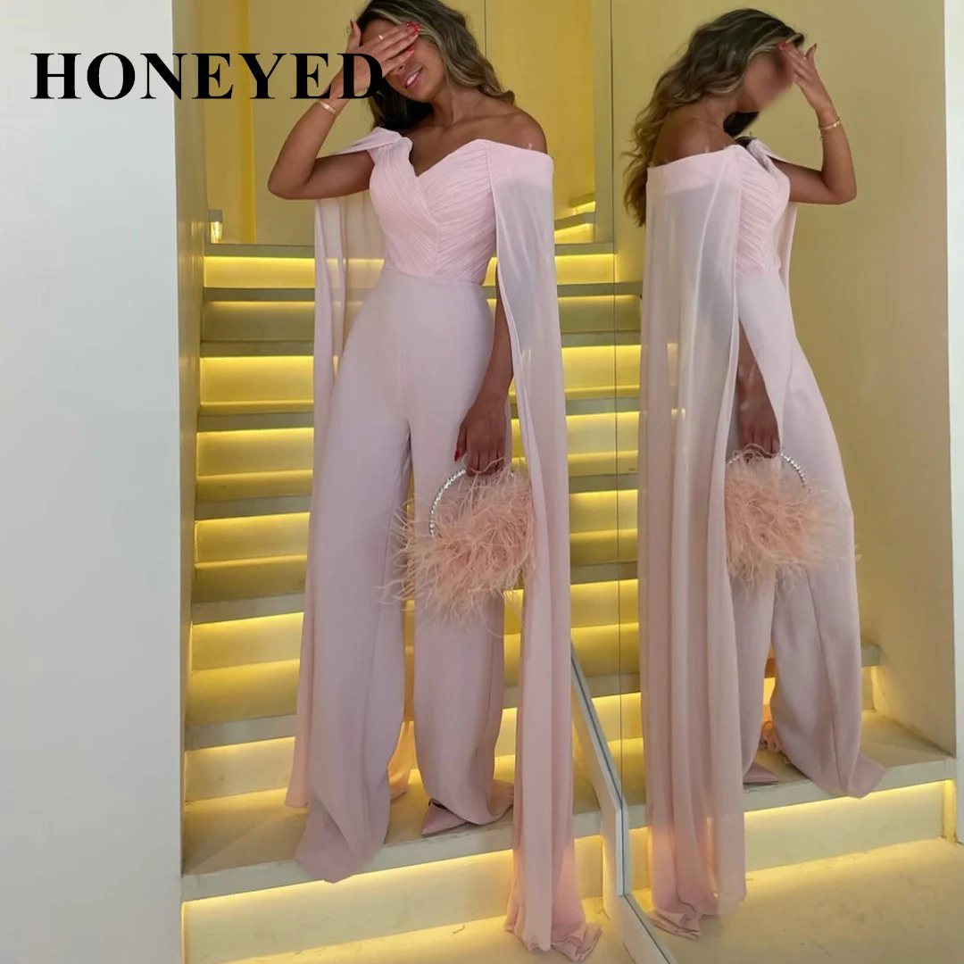

Классические длинные плиссированные шифоновые вечерние платья Honeyed 2023 с накидкой فساسسسسسдлиной в пол, розовое на выпускной