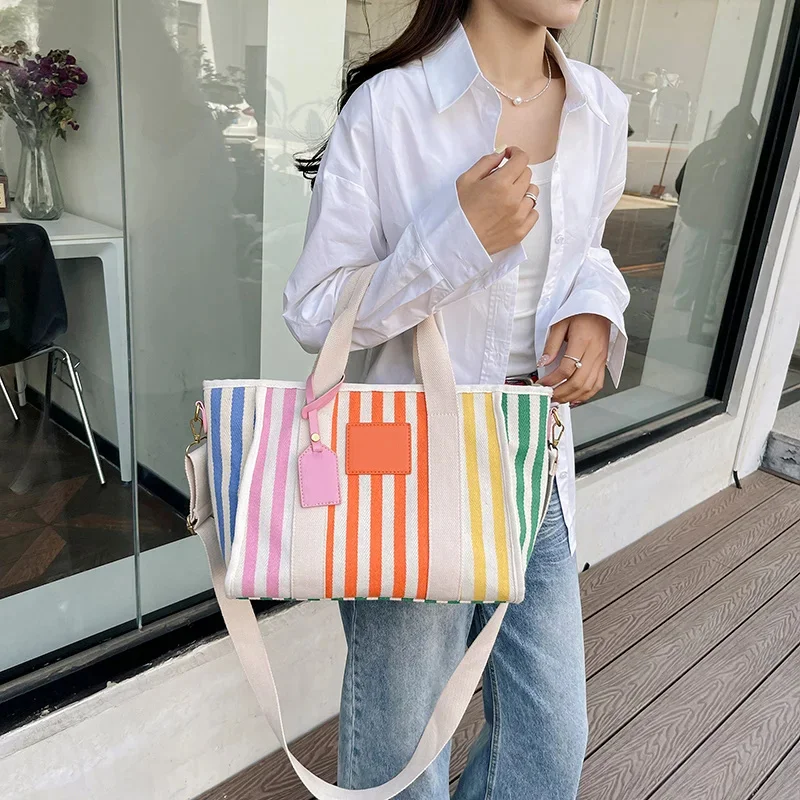 

Summer New Beach Colorful Striped Canvas Bag Handheld Tote Bag Large Capacity Handbag Luxury Designer Brands Bags