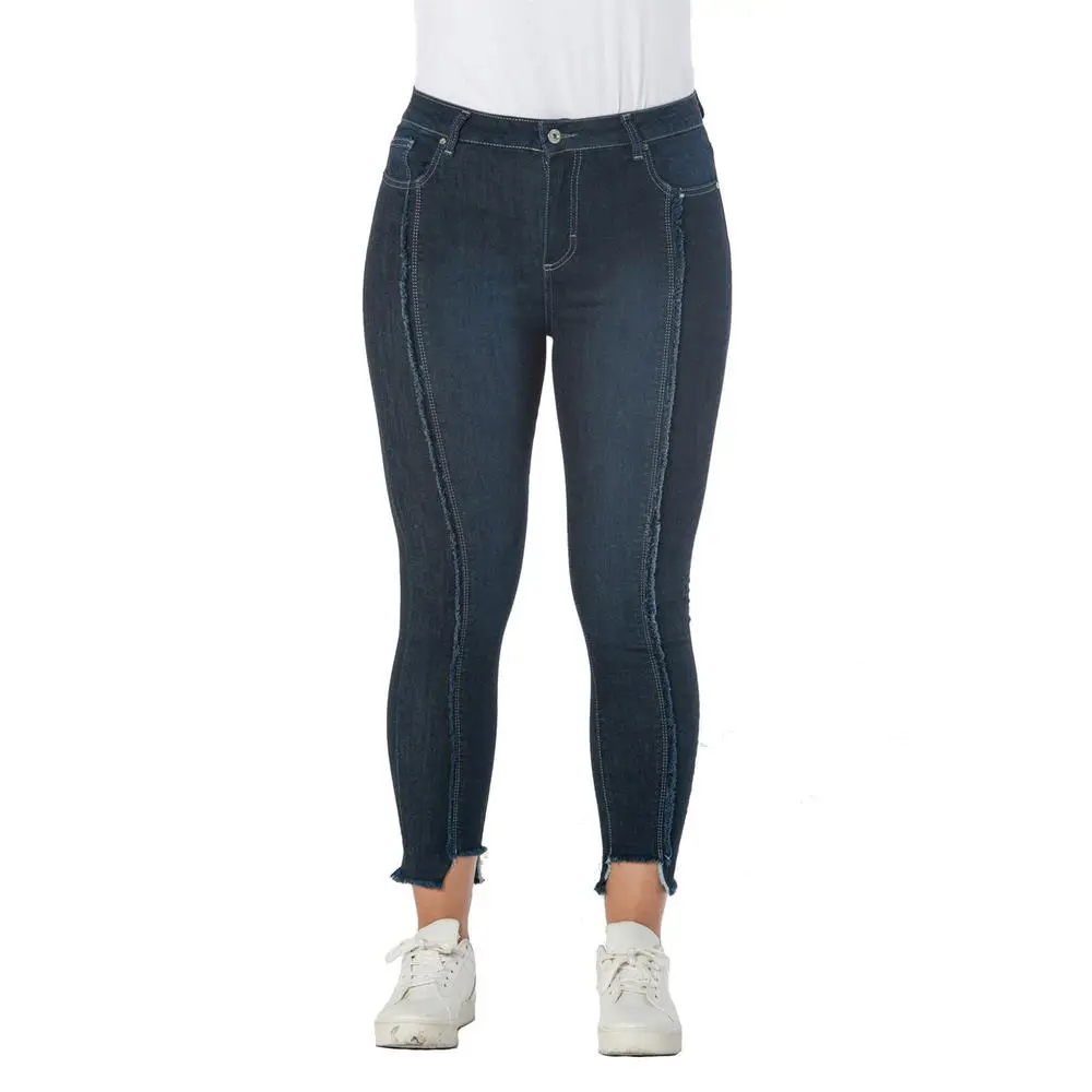 

Fierte Women Plus Size Pants Rg1462 Jean High Waist Tight Trotting Seam Detail Zipper Closure Sports Pocket Navy Blue