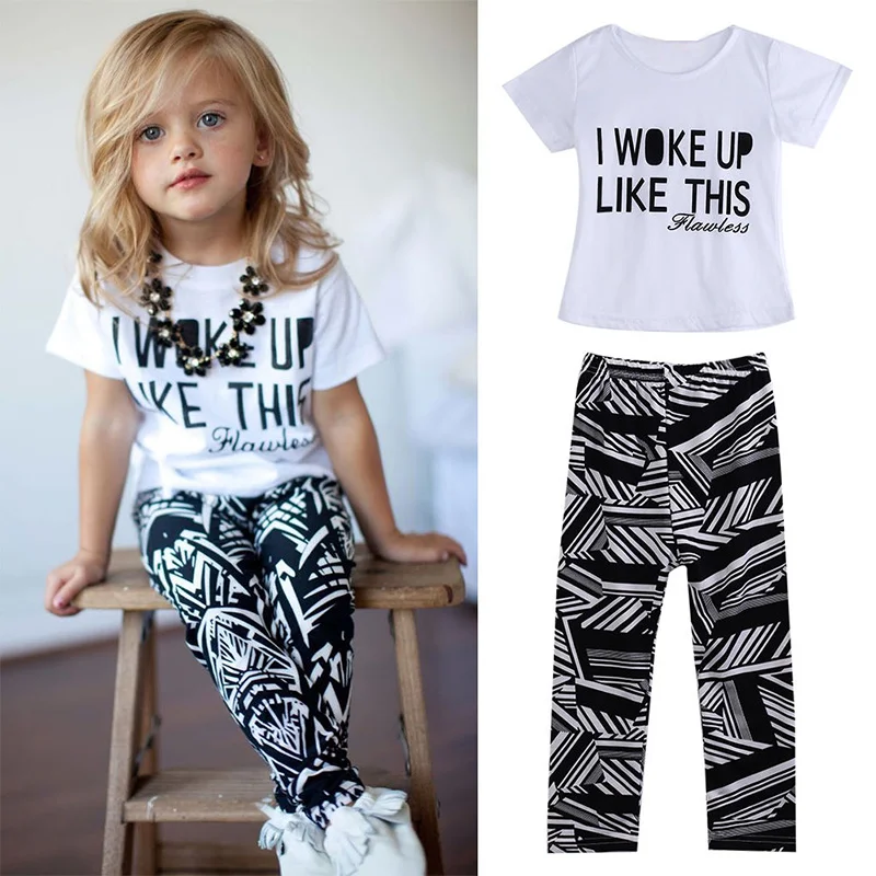 

Hot Baby Girls Stripe I Woke Up Like This Toddler shirt and Pants Outfits Set children clothes outfit 2pcs