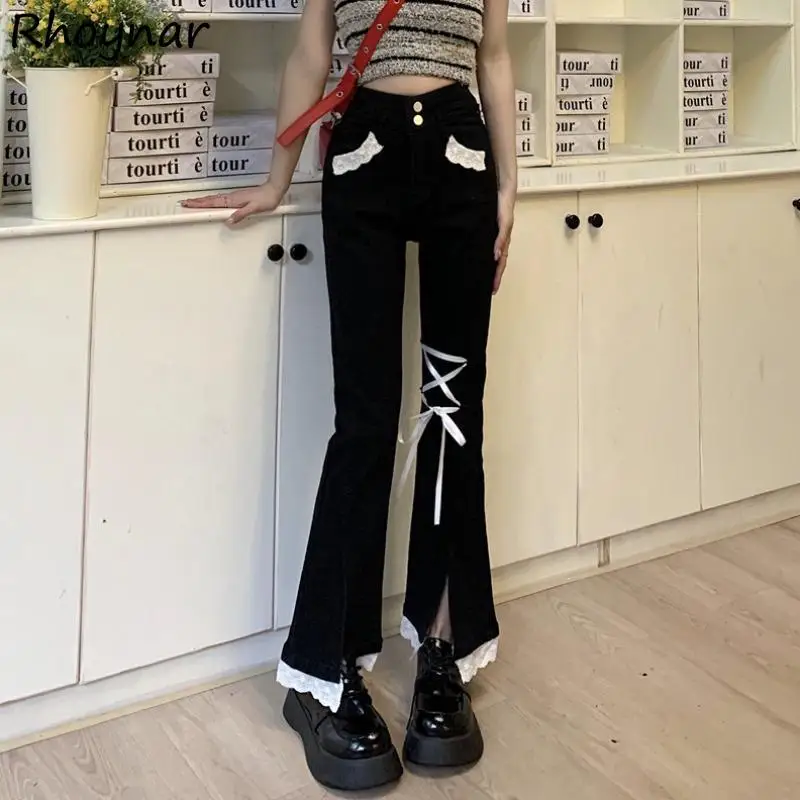 

Flare Jeans Women Spring Girls Patchwork Korean Style Front-slit Lace-up Trendy Slender Flare Kawaii Designed Spicy Sweet Chic