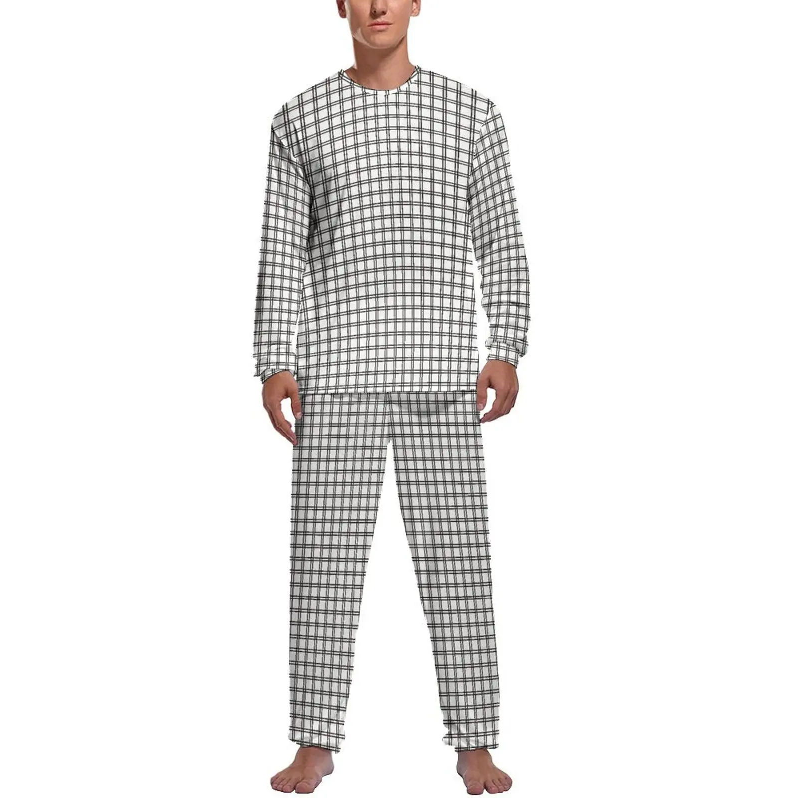 

Plaid Check Print Pajamas Autumn Two Piece Black Lines Cool Pajama Sets Men Long Sleeve Room Graphic Nightwear