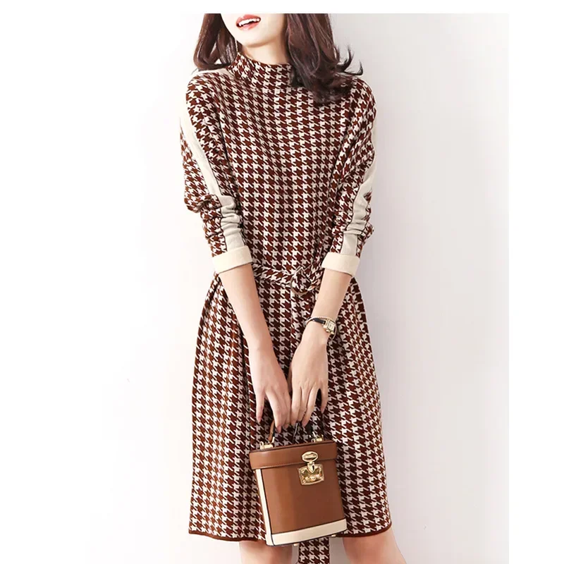 

Elegant Dresses for Women Autumn Winter New Long Sleeve Knitted Dress Vintage Houndstooth Bandage Fashion Sweater Dress Belt