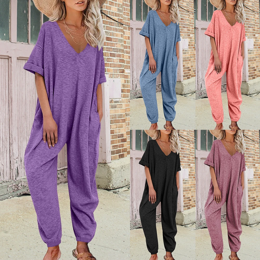 

Basics Womens V Neck Loose Jumpsuit Playsuit Ladies Baggy Holiday Romper Long Pants Bodysuits Holiday Beaches