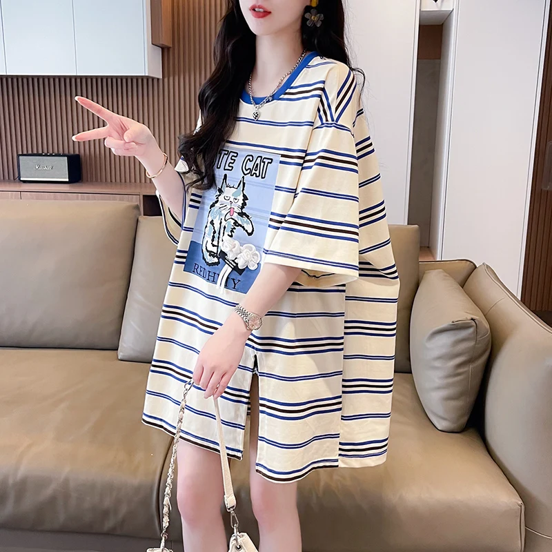 Summer Loose Mid-length Cotton Cartoon Top Striped Short-sleeved T-shirt Women Y2k Top Ins Tees
Summer Loose Mid-length Cotton Cartoon Top Striped Short-sleeved T-shirt Women Y2k Top Ins Tees