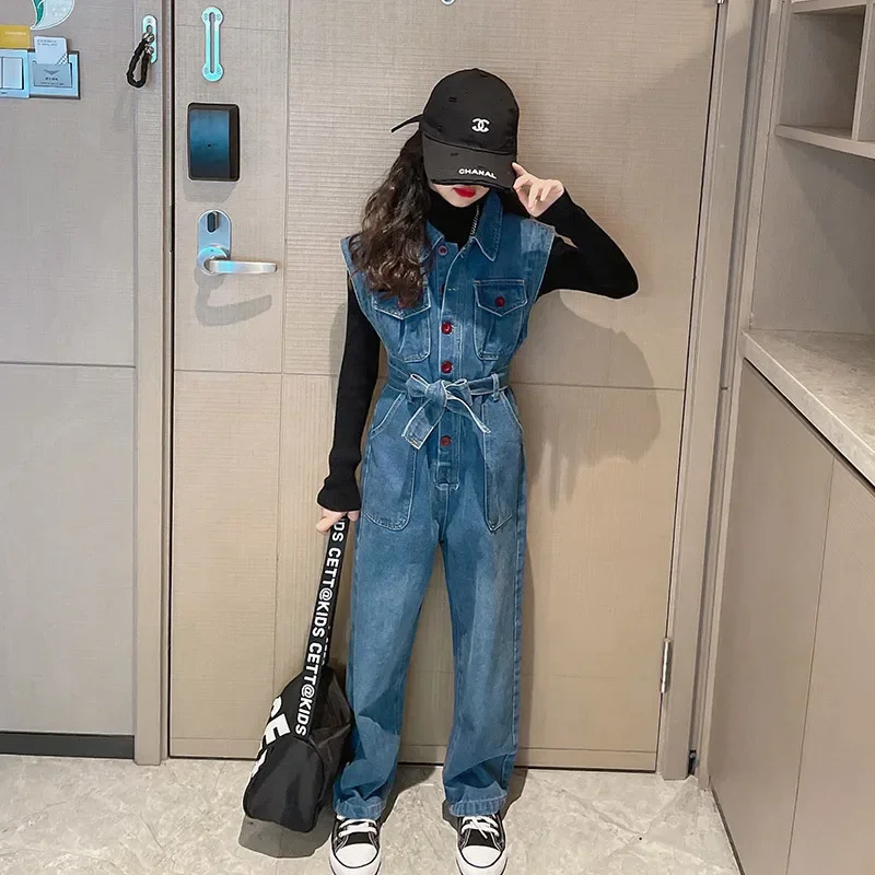 

Girls Overalls Spring Autumn Denim Jumpsuit 2024 New Fashion Sleeveless Loose Pants Kids Clothes Casual Teens Girls Rompers