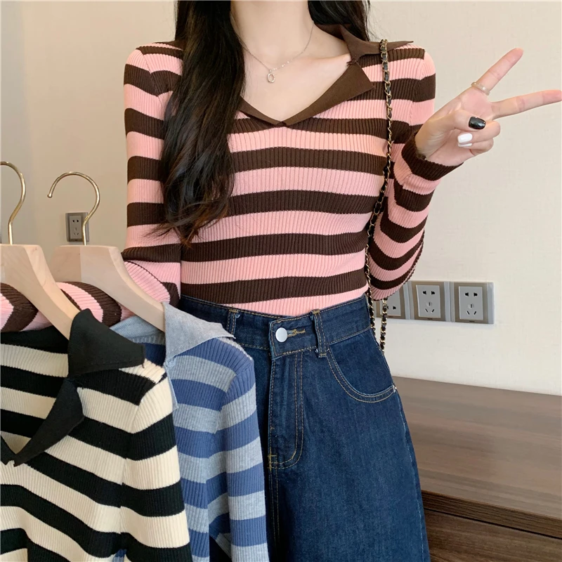 

Autumn Real Photos Women Knitted Full Sleeve Turn-down Collar Basic Sweaters Sheath Stripe Top High Stretch Knit T Shirt