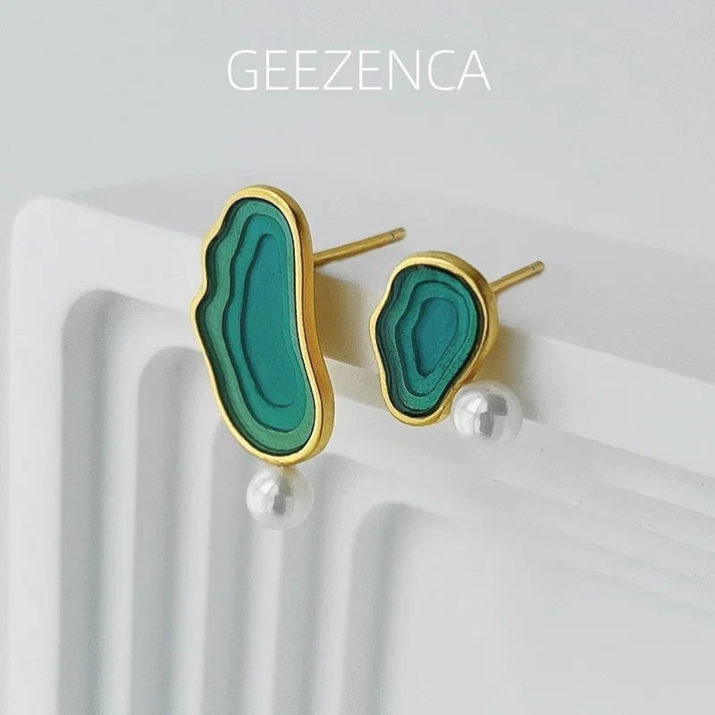 

GEEZENCA 925 Sterling Silver Colorful Epoxy Shell Pearl Stud Earrings Women Original Design AB Asymmetric Chic Earring 2023 New