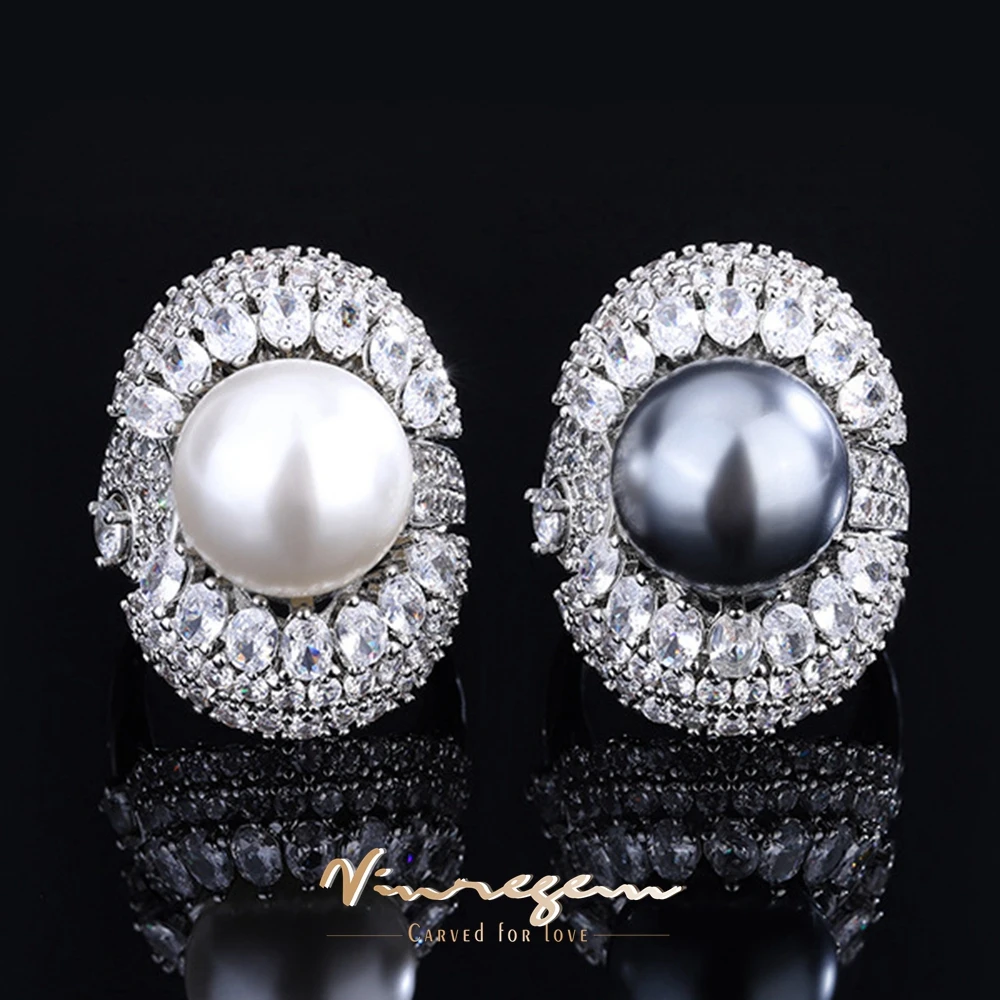 

Vinregem Luxury 14MM Lab Pearl Created Sapphire Gemstone Ring for Women Gift Anniversary Cocktail Wedding Fine Jewelry Wholesale