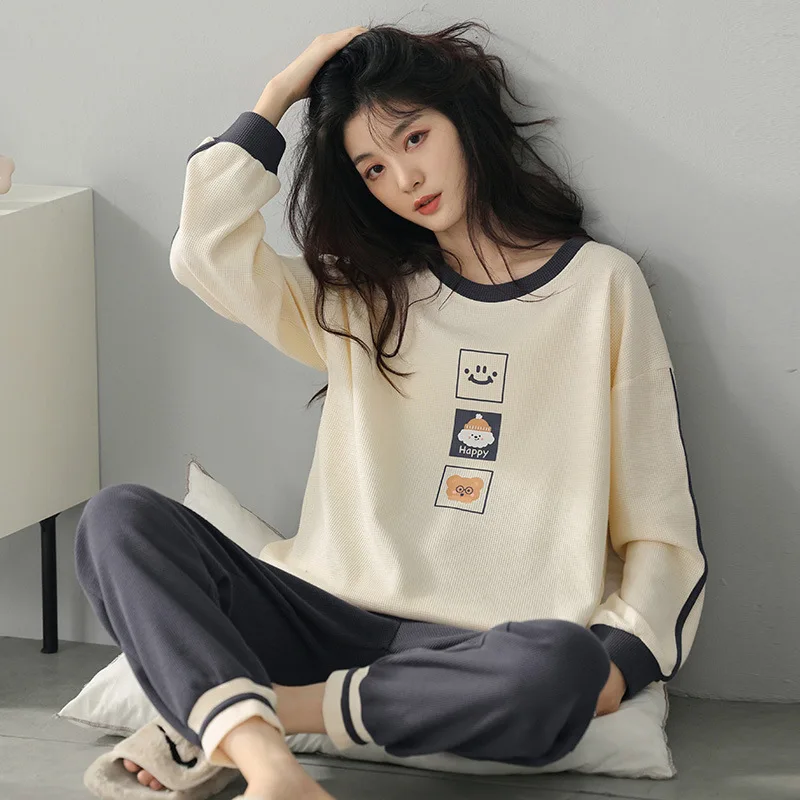 

Waffle Cotton Pajamas Women's Spring And Autumn Cotton New Winter Long Sleeve Women's Home Clothes Can Be Worn Out In Korean Sui