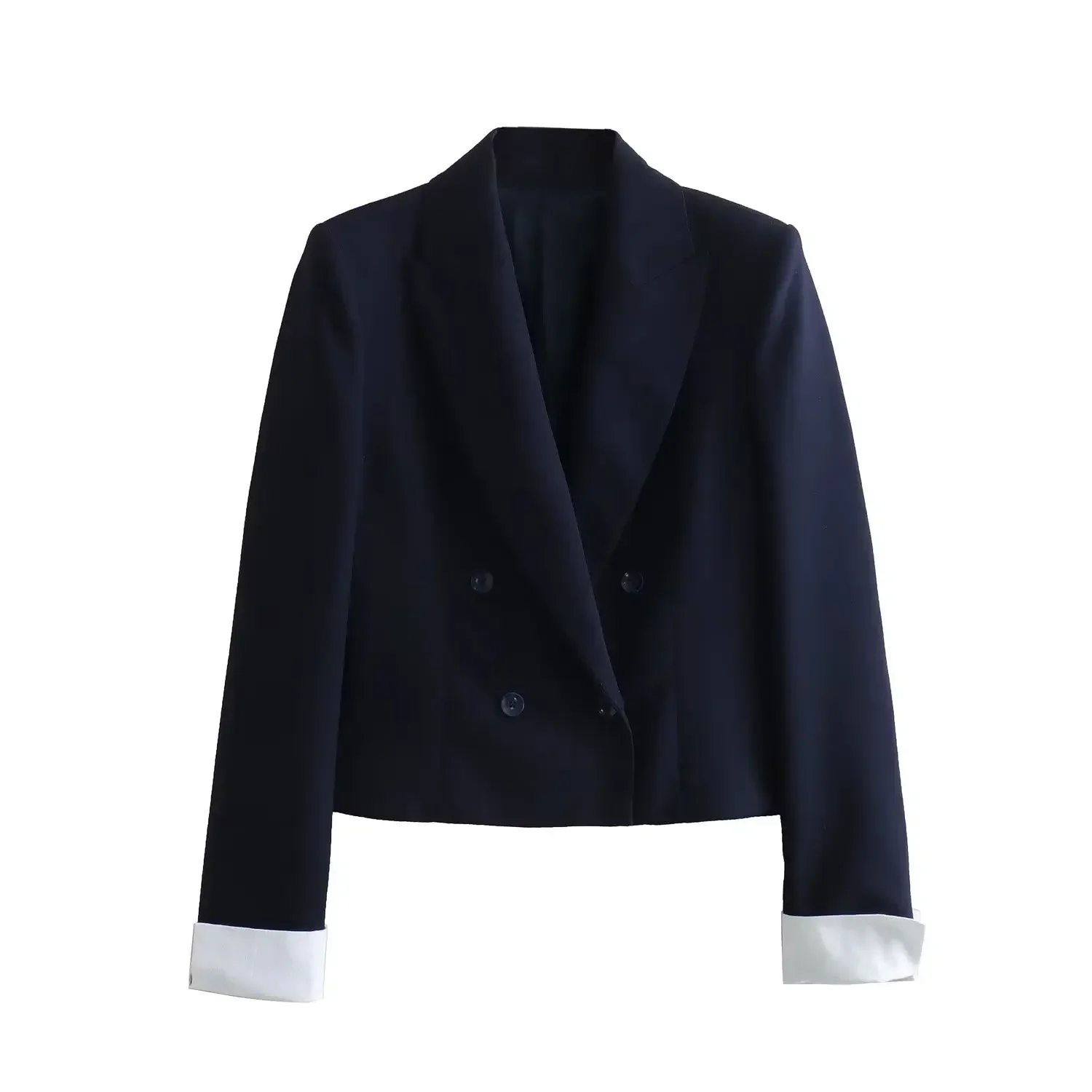 

Women New Fashion Spliced cuffs design Cropped Double Breasted Slim Blazer Coat Vintage Long Sleeve Female Outerwear Chic