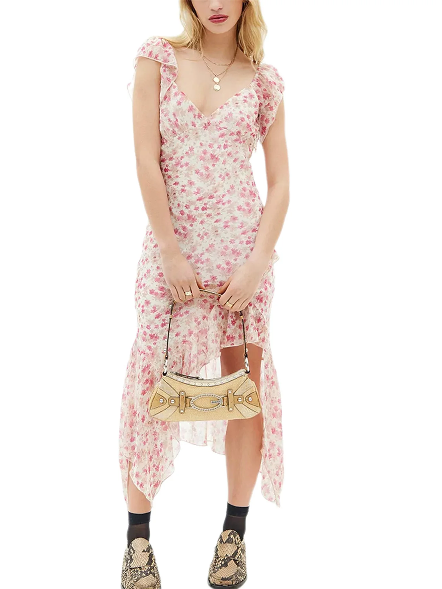 

Nituyy - Vestido largo con tirantes delgados para mujer con volantes y estampado floral sin mangas vestido de verano