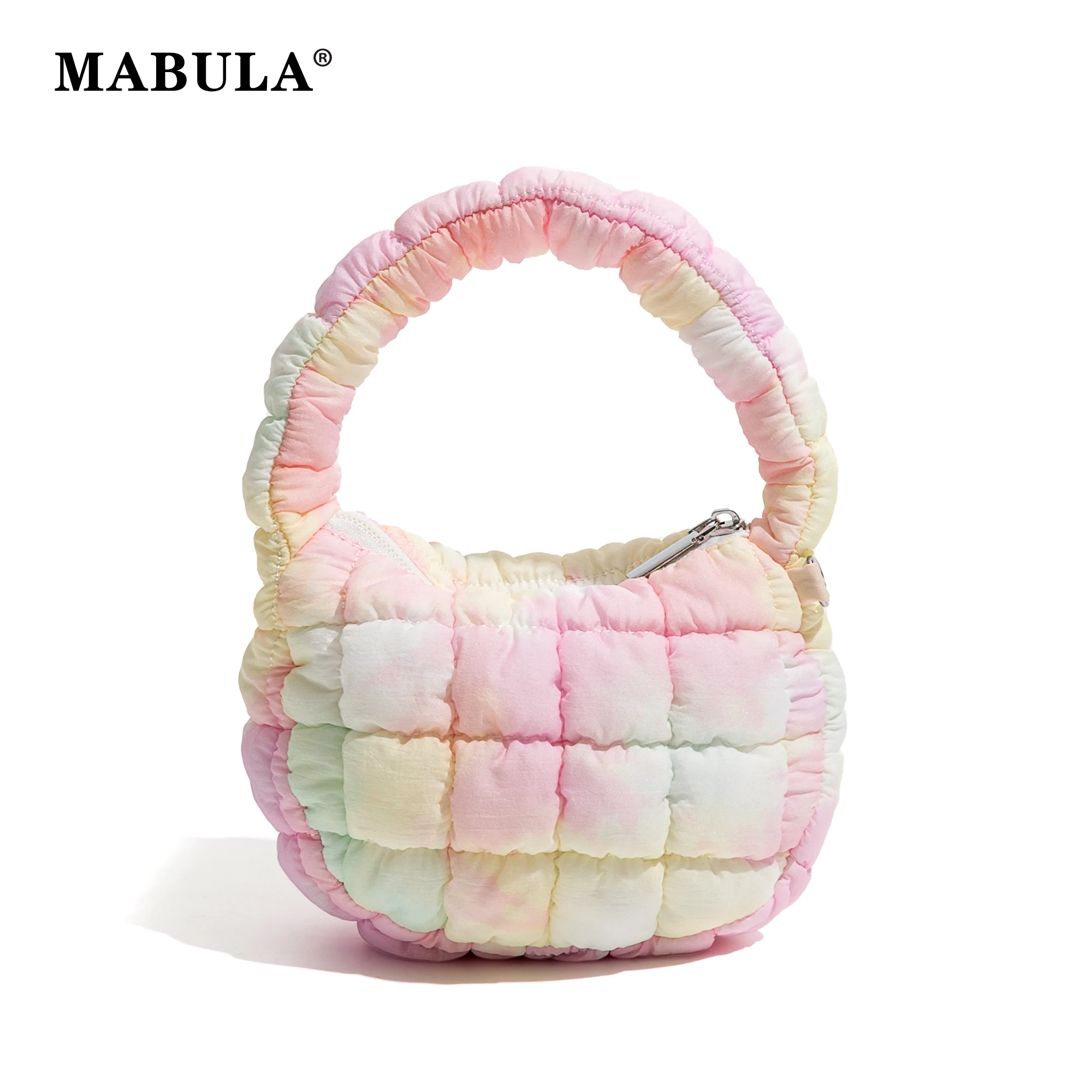 

MABULA Jelly Rainbow Women's Quilted Puffer Tote Bag Mini Circle Feather Down Padded Cloud Shape Handbag Zip Cross Daily Purse